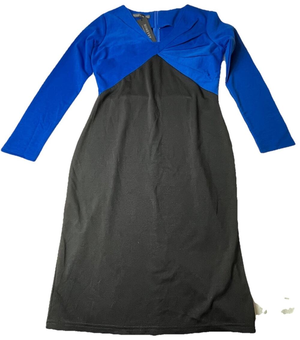 HOMEYEE Women's Size 8 Black and Blue Long Sleeve Knee Length Dress NWT